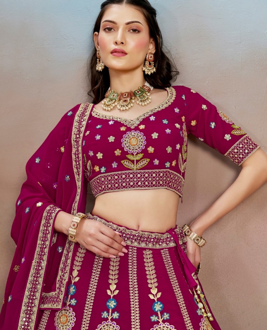 6008-PINK - Stunning Pink Thread Work Georgette Engagement Wear Lehenga With Blouse